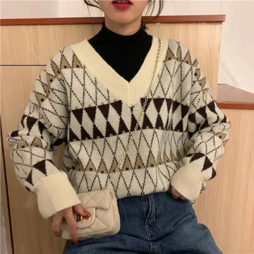 Sweaters Women Vintage Argyle Korean All-match Chic V-Neck Ladies Pullovers Student Lazy Style Popular Winter Women Sweater New